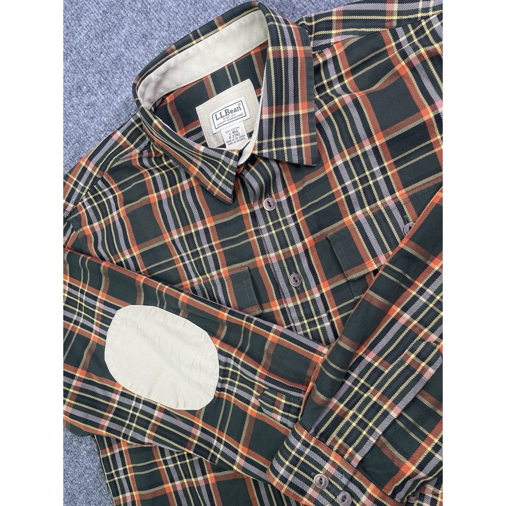 LL Bean Shirt Men's Large Plaid Elbow Patches Cotton Pockets